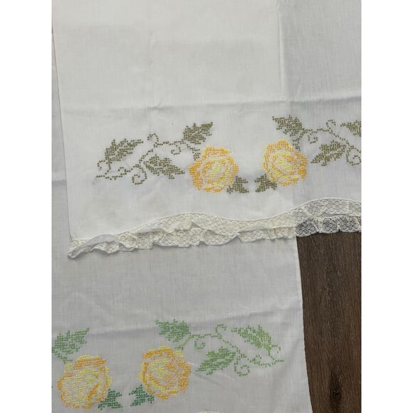 Vintage Embroidery Stitch Yellow Rose Lace Standard Pillow Cases Set Pair Cotton - Picture 5 of 8